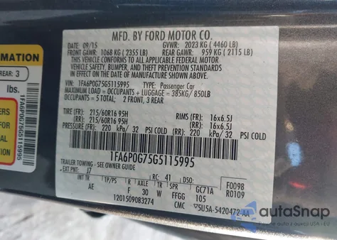 2016 Ford Fusion S из США, поврежденный, VIN 1FA6P0G75G5115995